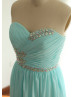 Blue Strapless Ruching Chiffon Beaded Long Prom Dress